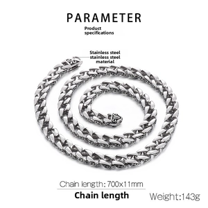 Detailed view of 11mm wide stainless steel Cuban link chain necklace with specifications