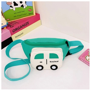 Close-up of a cartoon car-shaped fanny pack in green and cream nylon with adjustable strap