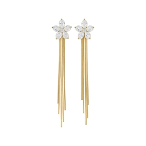 Elegant 18k gold plated flower stud earrings with dangling long zircon tassel chains