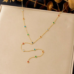 Y-Shaped Necklace Stainless Steel Gold Plated Multi Color Round Zirconia Long Drop Delicate Chain Bohemian Ins Style Women