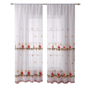 Festive American Christmas white sheer curtains with red candle and golden bell embroidery