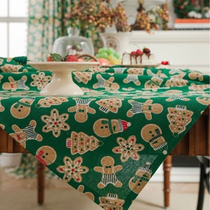 Christmas gingerbread man and snowman print green cotton linen rectangular tablecloth