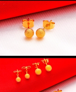 Detail of matte gold ball earrings with butterfly clasp in multiple sizes for women