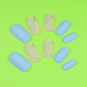 Matte light blue and cream yellow wavy line press-on nails in medium square shape