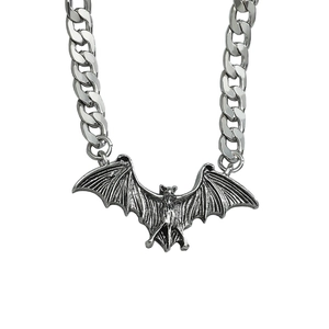 Gothic silver bat pendant necklace with cuban chain for men in vintage metal alloy style