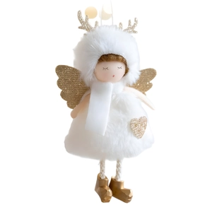 Plush Christmas angel doll pendant with golden reindeer antlers and wings decoration