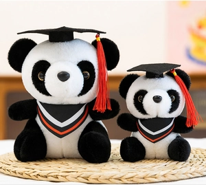 Adorable graduation panda plush toy set with black caps and red tassels in two sizes