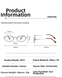 Detailed technical diagram showing oval frame sunglasses dimensions and PC alloy material