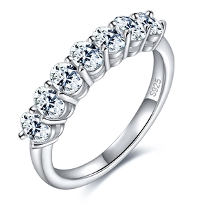 S925 sterling silver ring featuring seven oval-shaped moissanite stones on a white background