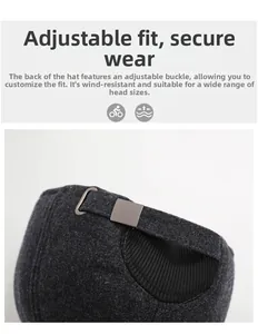 Detail of grey wool baseball cap showing adjustable metal buckle and inner sweatband