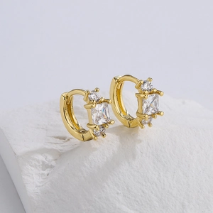 Luxury 18K gold plated hoop earrings with square and round clear zircon stones