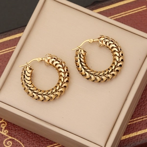 Exaggerated golden mesh texture stainless steel hoop earrings on vintage display