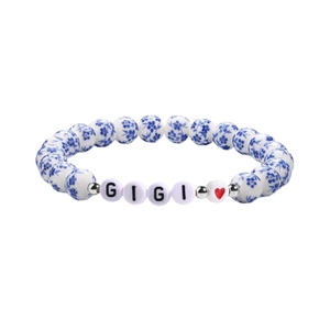 Bracciale in ceramica con perle blu a fiori, perline con lettere GIGI e cuore rosso