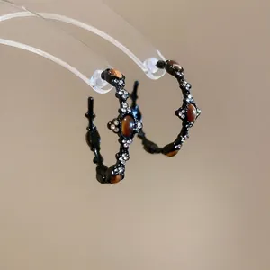 C Shape Hoop Earrings Black Alloy Tiger's Eye Stone Rhinestone With 925 Sterling Silver Earring Post Gothic Women Jewelry