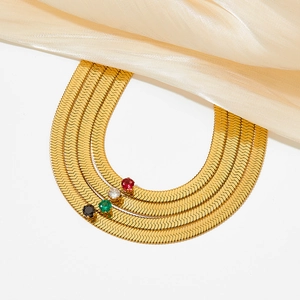 Golden stainless steel flat snake chain necklace with colorful round zirconia accents