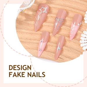 Pink French long almond fake nails with 3D bows and rhinestones for Valentine's Day