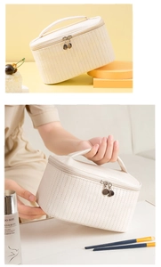 Quilted beige cosmetic bag set showing lifestyle still life and handheld portability detail