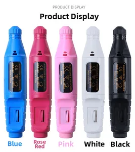 Vertical view of five colorful portable USB electric nail drill pens for manicure styling