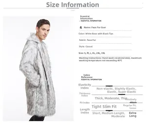 Size chart detail for men's mid-length faux fur coat in white with black tips