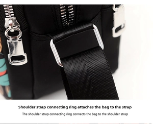 Detail of high-quality silver metal hardware and nylon strap on a black crossbody bag