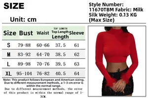 Detailed size chart for mock neck long sleeve crop top in centimeters and inches
