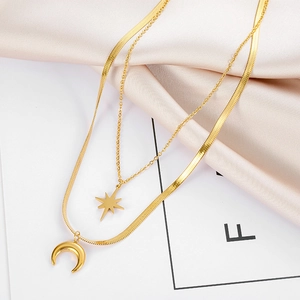 Double Layer Star And Moon Necklace Titanium Steel Snake Chain Crescent Pendant Minimalist Jewelry For Women