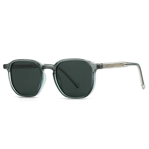 Retro polarized sunglasses with transparent grey-green frames and metal core temples