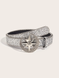 Detailed view of silver sequin belt with star and moon buckle and rhinestone inlay