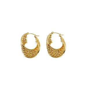 Detailed close-up showing texture of gold plated braided hoop earrings in stainless steel