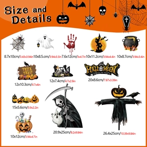 Size chart for Halloween gnome skull magnetic stickers with detailed product dimensions