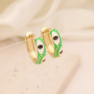 Modern 18K gold-plated hoop earrings with green enamel and eye motif design