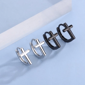 Minimalist cross hoop earrings in silver and black stainless steel for men and women