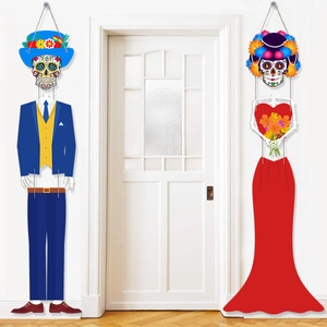 Day of the Dead skeleton groom and bride hanging door decorations for party atmosphere