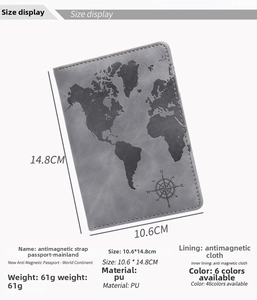 Detailed interior layout of grey world map passport holder with anti-magnetic RFID lining