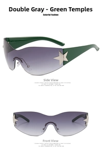 Detail view of rimless purple gradient sunglasses with green temples and silver star