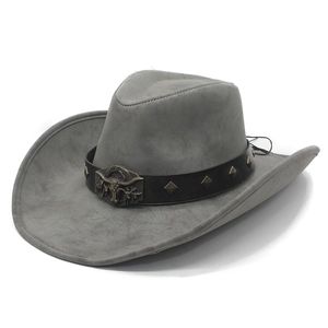 Dark grey western cowboy hat with bull head ornament and silver studs on leather band