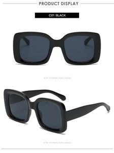 Detailed front and 45-degree side views of classic oversized square black sunglasses