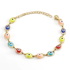 Classic stainless steel evil eye bracelet with colorful beads and adjustable gold chain