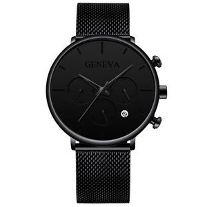 Detail view of the black Geneva mesh watch dial with date display and mini sub-dials