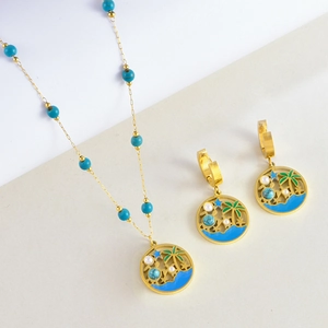 Collier Et Boucles D'oreilles Pendentif Palmier Tortue De Mer Bijoux Acier Inoxydable Émail Turquoise Künstliche Perle Style Vacances Plage