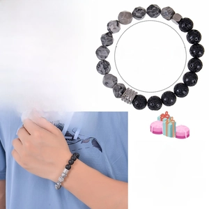 Men's 10mm map stone and lava rock beaded elastic bracelet with stainless steel accents