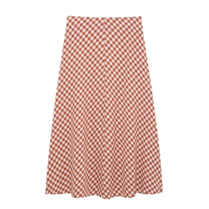 Women's red and white gingham midi A-line skirt in classic checkered pattern