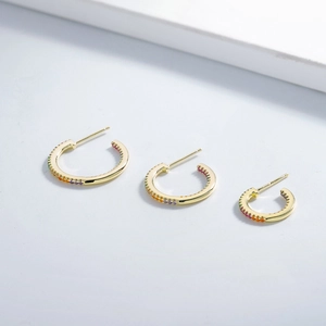 Classic 925 silver 14k gold plated C-shaped hoop earrings with colorful zircon stones