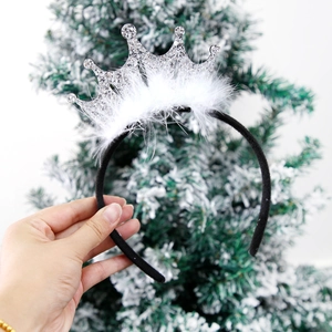 Detail view of silver glitter crown headband with soft white faux fur trim for parties