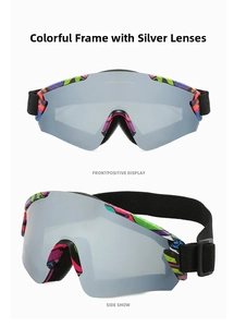 Detail of colorful graffiti frame goggles with silver mercury lenses and elastic strap