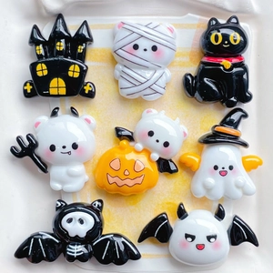 Detailed collection of 8 Halloween resin charms including ghosts, pumpkins and black cats