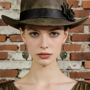 Pendientes vintage de bronce con gemas verde oliva usados con sombrero de ala ancha mujer