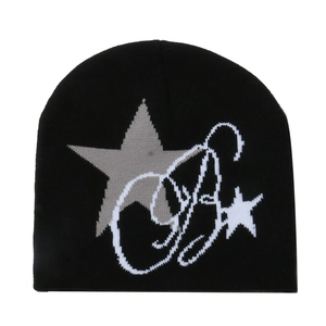Winter outdoor black knit beanie with star pattern and stylish script embroidery