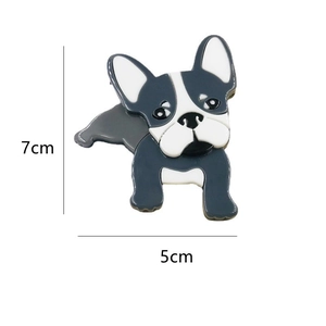 Detail view of cartoon French Bulldog acrylic brooch with 7cm by 5cm dimensions