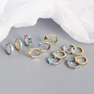 Elegant S925 silver huggie earrings with rectangular emerald and sapphire colored stones